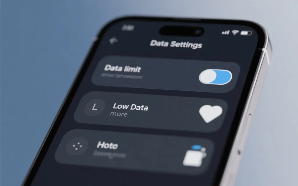 手机设置界面概念图：漫游开关、流量限制、低数据模式、热点共享提示